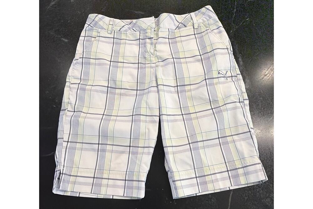PUMA ladies golf bermuda shorts purple/white/yellow plaid 4
